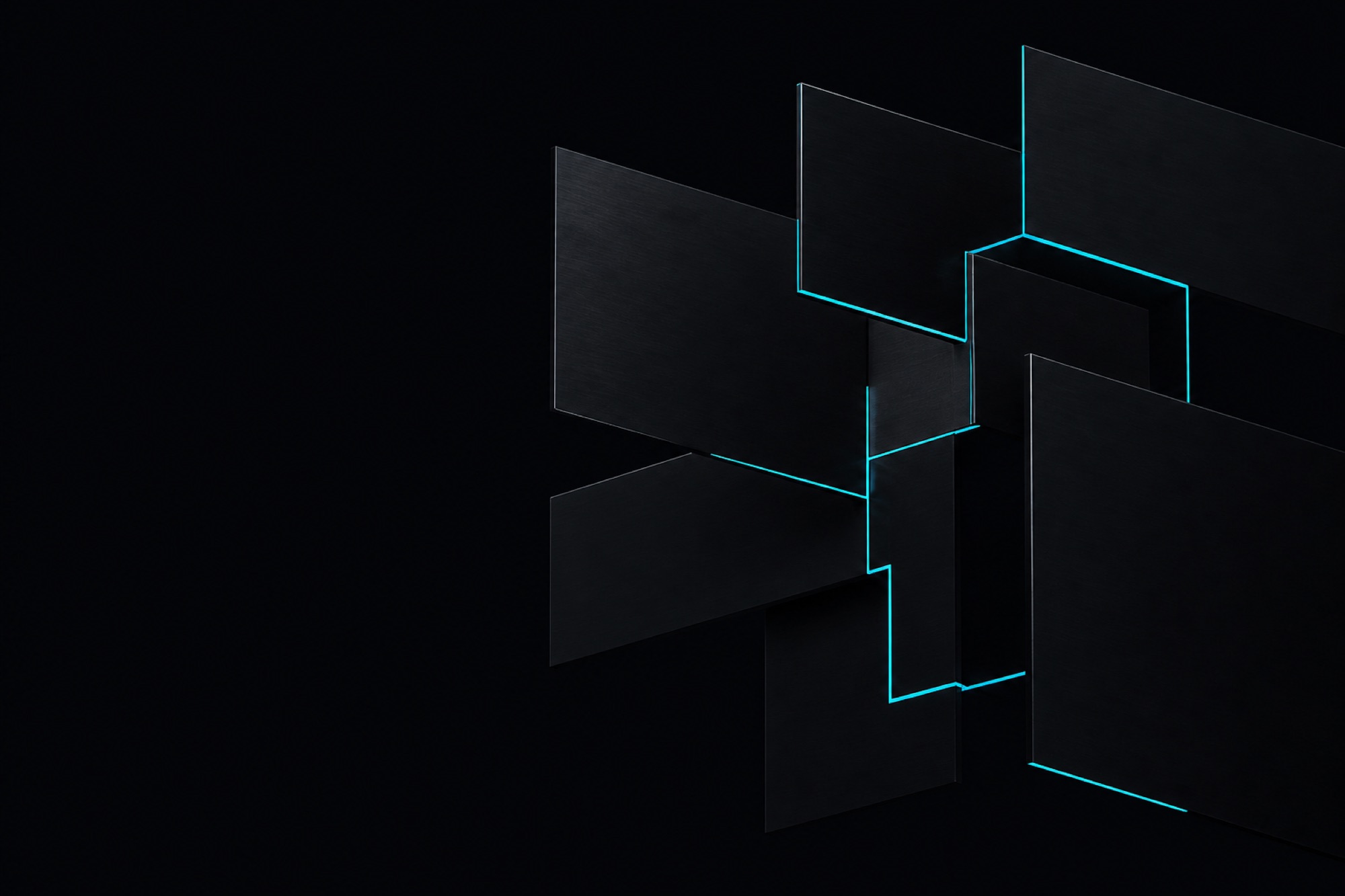 Abstract matte black planes intersecting in dark space, joined by one continuous line of cyan light travelling along their edges