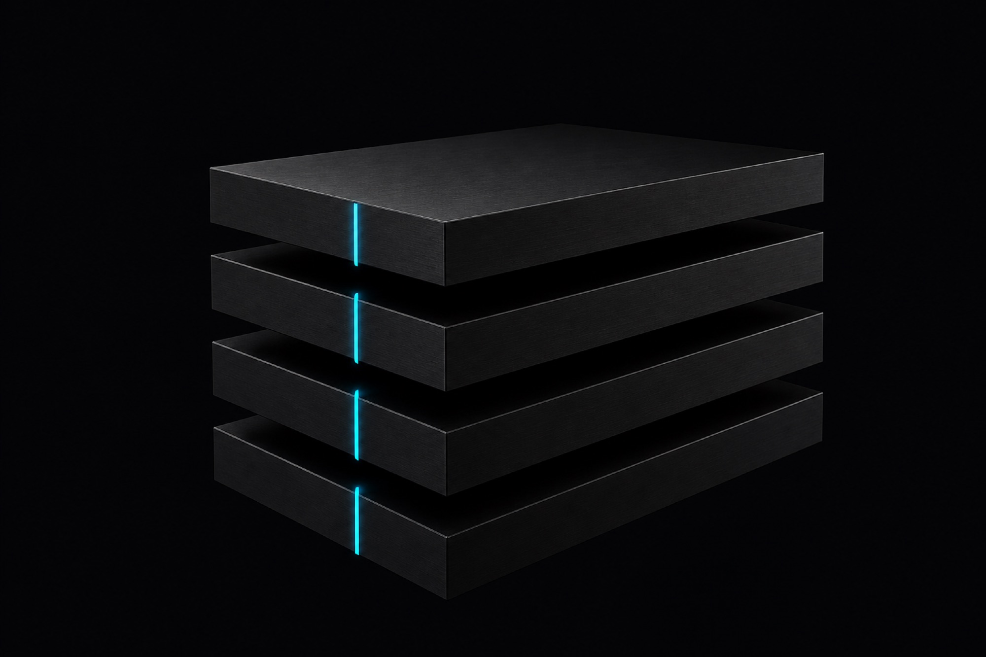 Four machined matte black plates stacked with gaps, joined by one continuous vertical line of cyan light