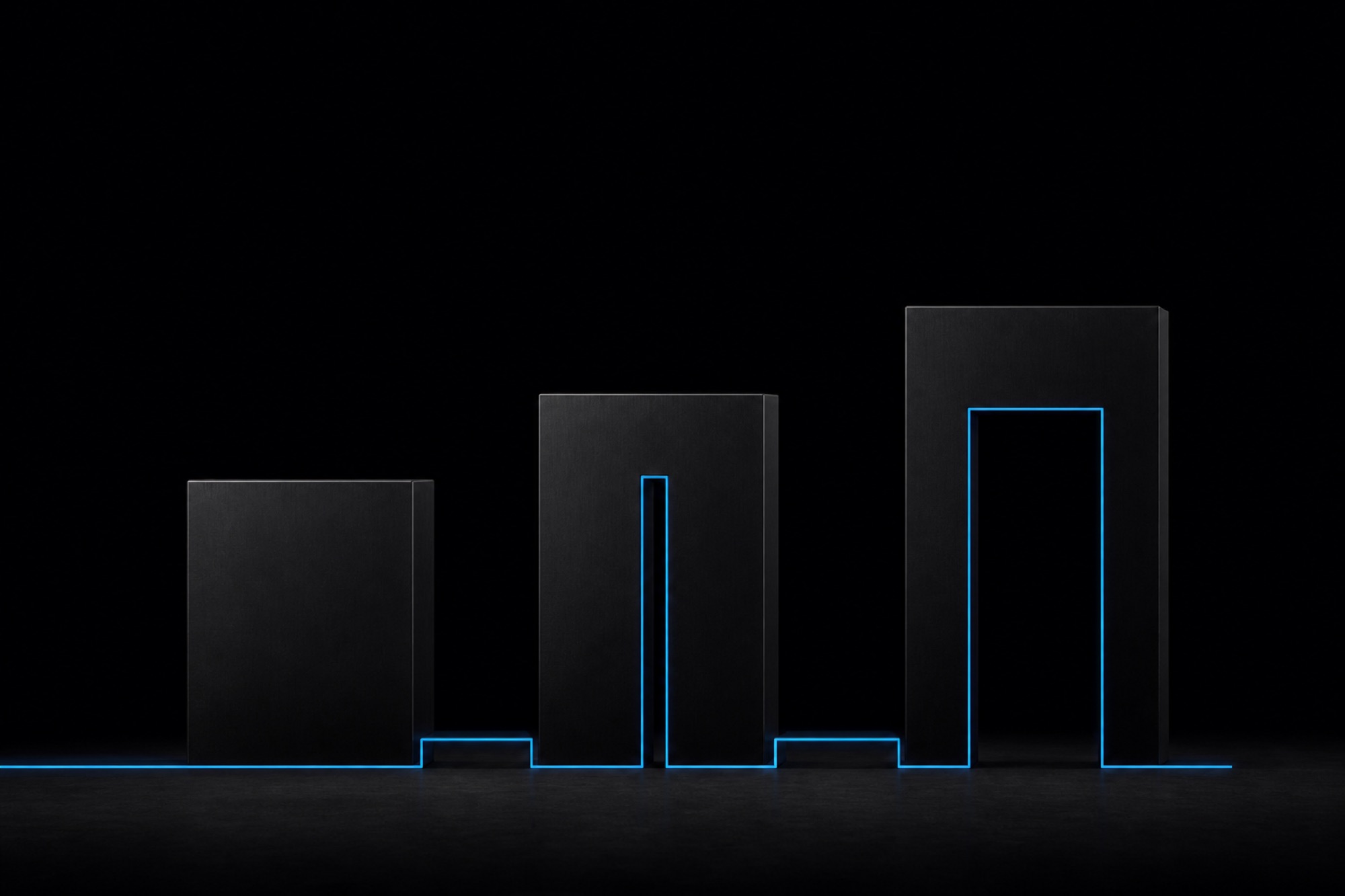 Three matte black blocks of ascending height — sealed, slotted, and open — joined by one stepped line of cyan light along their base